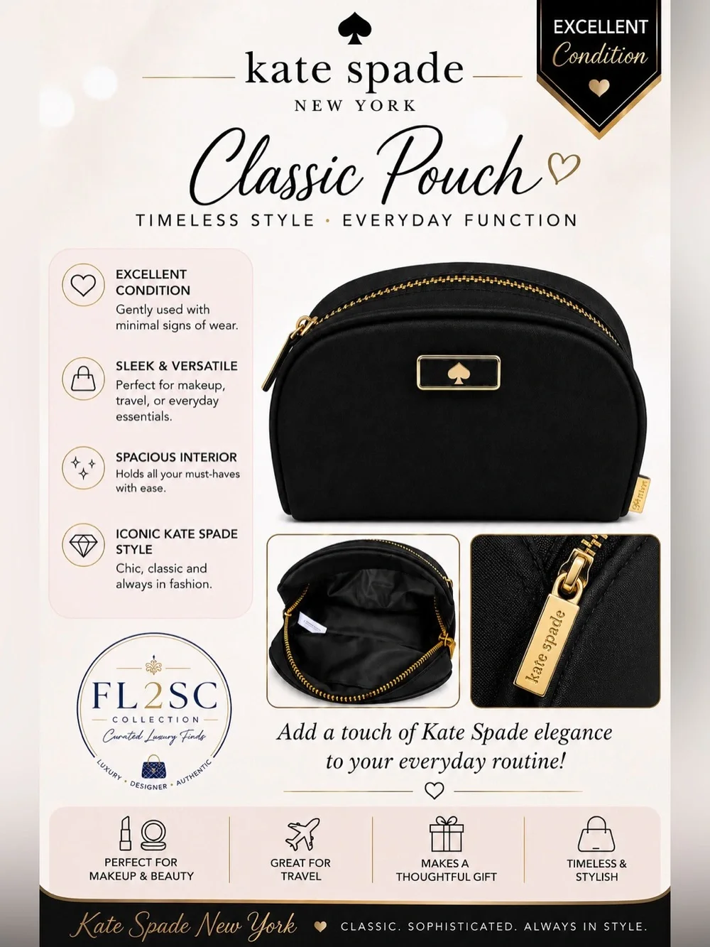 kate spade Black Classic Pouch with Gold Hardware